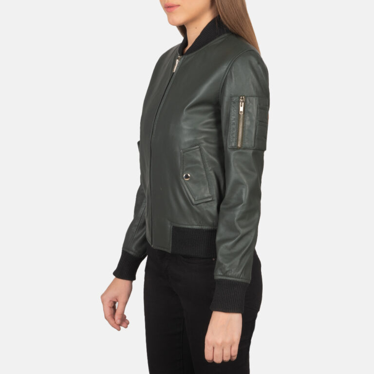 Womens Ava Ma-1 Green Leather Bomber Jacket Side Pose-3-1659372178495
